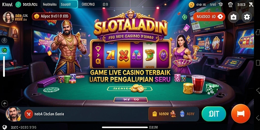Screenshot utama SLOTALADIN menampilkan dealer profesional dan suasana permainan yang mendebarkan.